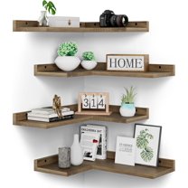Floating Corner Shelves Set of 4, Rustic Pine Wooden Floating Corner Wall Shelf for Wall Décor Storage, L Shaped Corner Shelf Wall Mount For Bedroom, Living Room, Bathroom, Kitchen, Light Brown