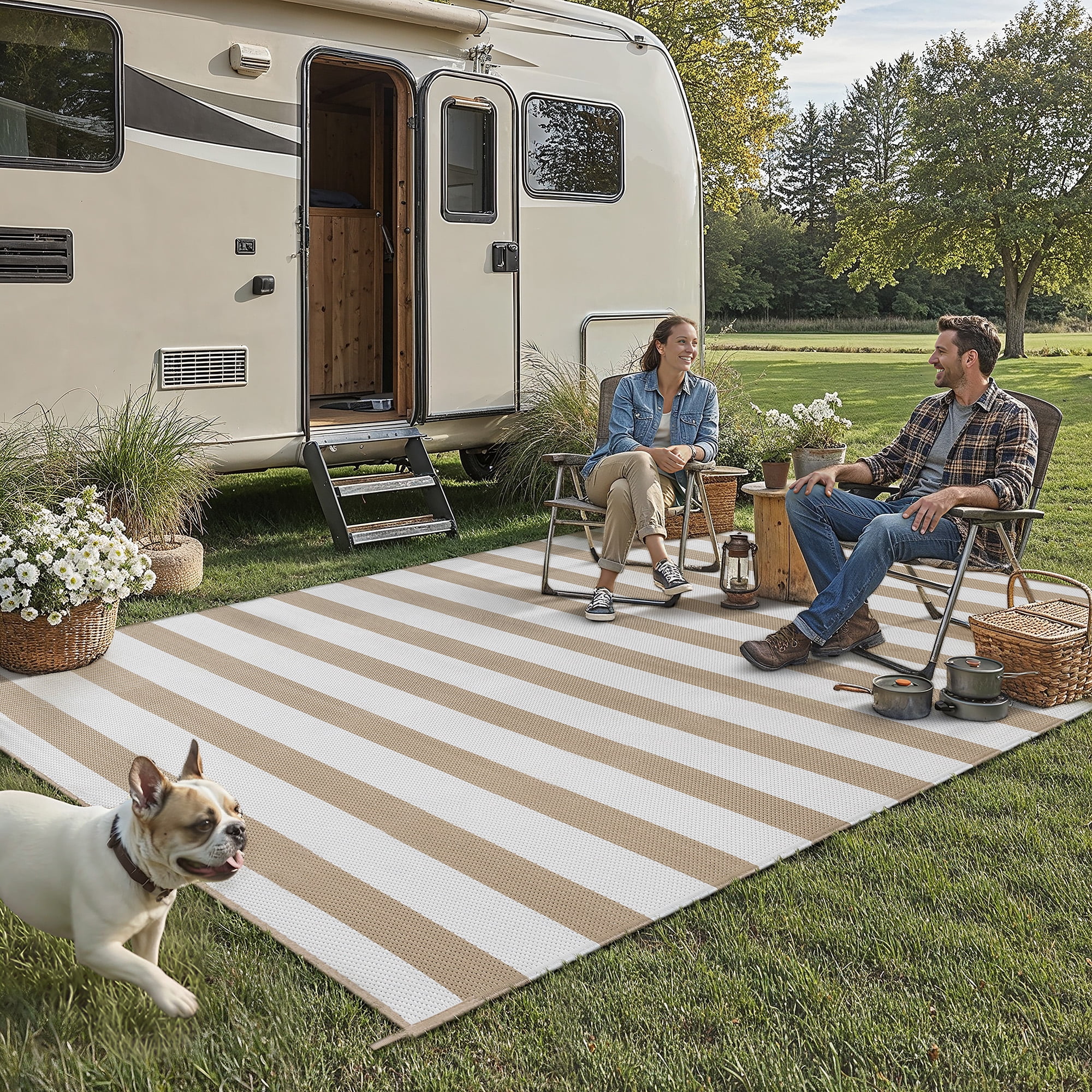 BERTHMEER Outdoor Rugs 8'x10' on Sale Clearance Waterproof Reversible Patio Rugs Geometric Stripes Large Lightweight Plastic Straw Carpets for RV Camping Deck Balcony Beach Picnic,Beige White