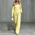 thumbnail image 6 of vdgthytj 2 Piece Sets for Women Striped Long Sleeve off Shoulder Tops Wide Leg Pants Fall Casual Loungewear Outfits(X-Small,Yellow), 6 of 6