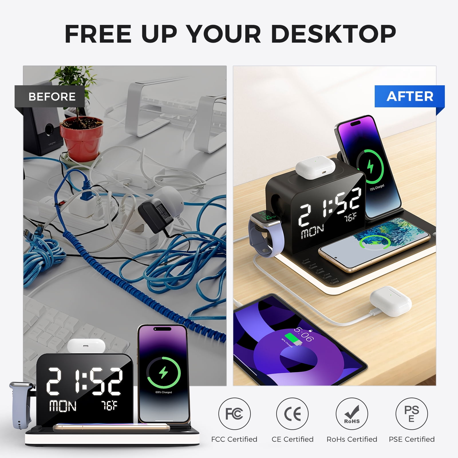 7-in-1 Wireless Charging Station with Clock, Bluetooth Time Sync & Temperature, 30W Fast Wireless Charger for Multiple Devices – Compatible with iPhone 17/16/15/14/13 Pro Max, Apple Watch & AirPods