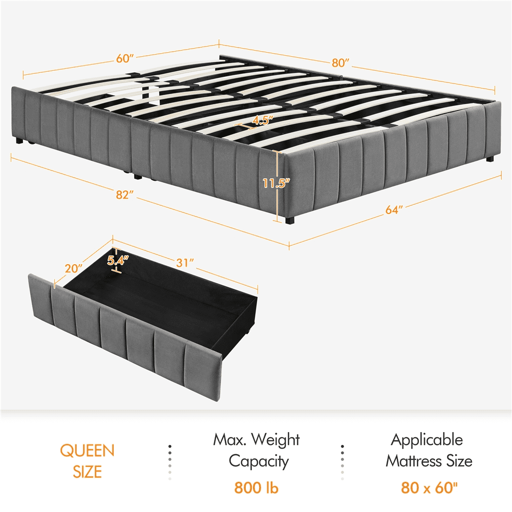 Renwick Upholstered Platform Bed with Underbed 4 Storage Drawers, Adult, Queen, Dark Gray
