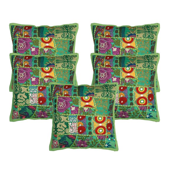 Stylo Culture Ethnic Settee Sofa Throw Pillow Covers 16x16 Vintage Patchwork Parrot Green Bohemian 40 x 40 cm Home Decor Cotton Floral Square Cushion Covers | Set Of 5