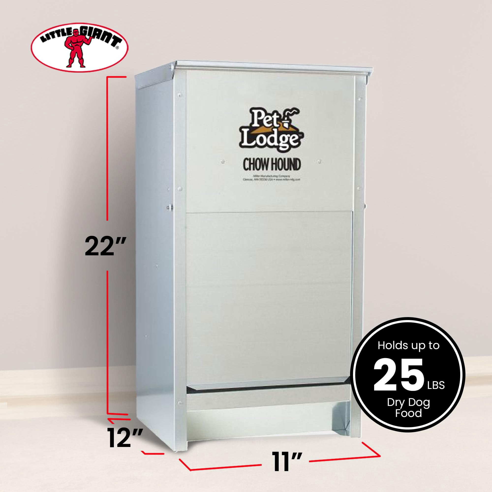 Chow Hound Automatic Dog Feeder 25LB Capacity Heavy Duty Steel Indoor Outdoor Pet Dispenser with Magnetized Door Angled Chute Wall Mountable Silver