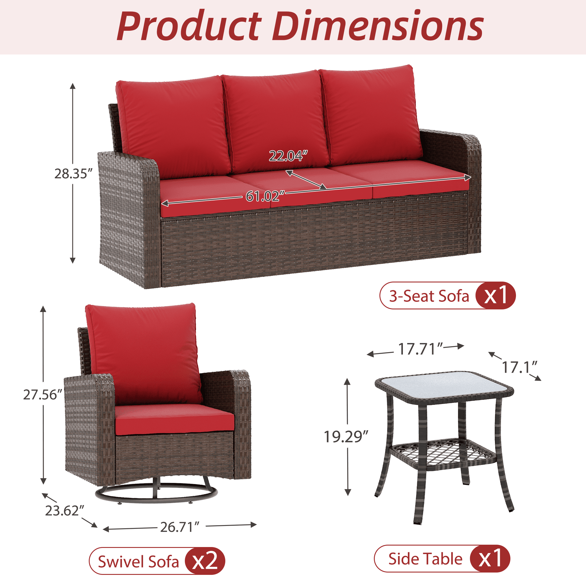 Homrest 4 Piece Wicker Patio Furniture Set, 360 Degree Outdoor Swivel Patio Chairs w/ Coffee Table and 3-Seat Sofa, Small Patio Furniture Set for Garden, Deck and Poolside (Wine Red)