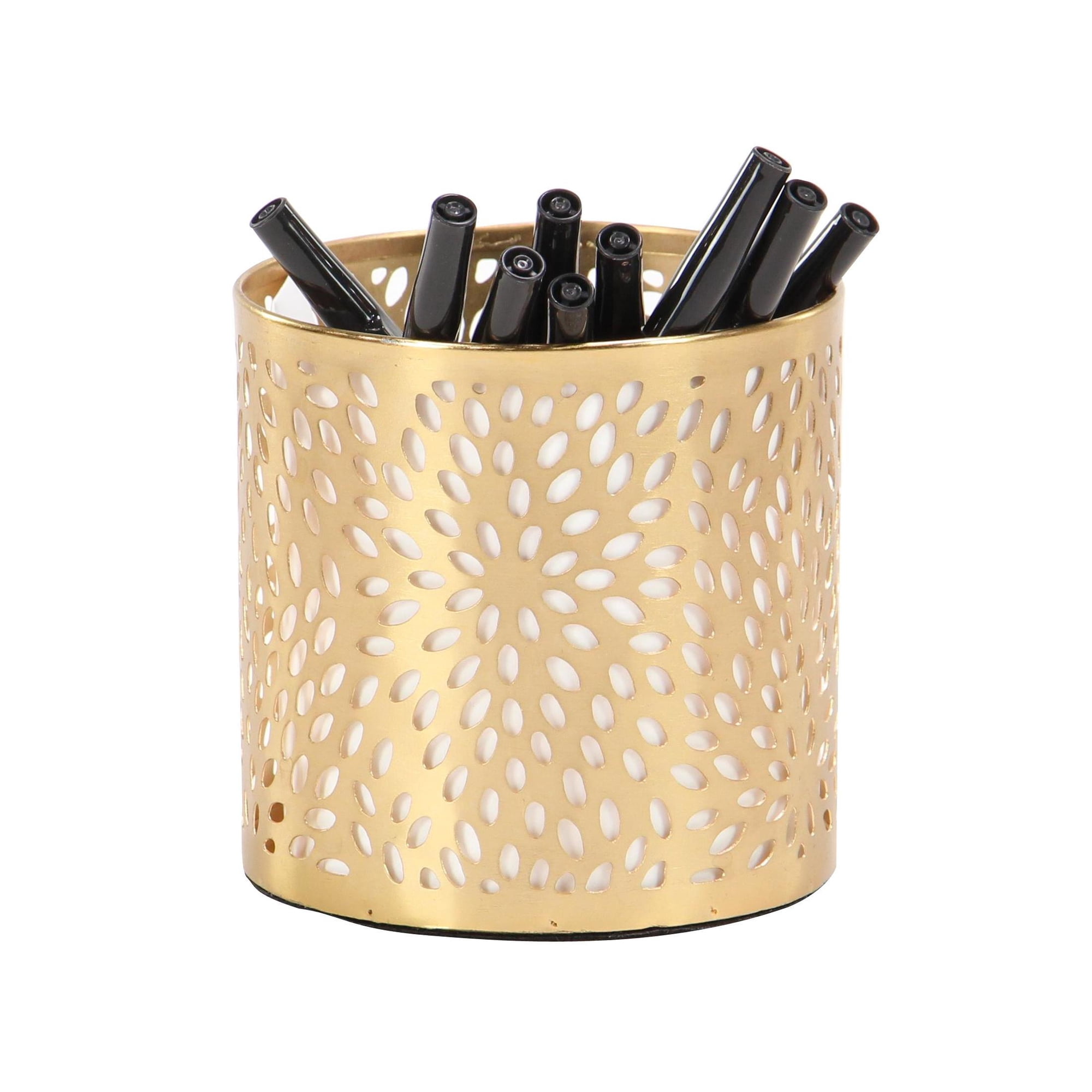 DecMode 4" x 4" Gold Metal Floral Pencil Cup with Laser Carved Design, 1-Piece