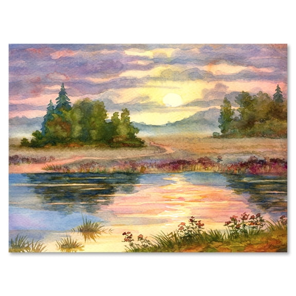 Designart ' The Rural Lake In Sunset Evening I ' Traditional Canvas Wall Art Print