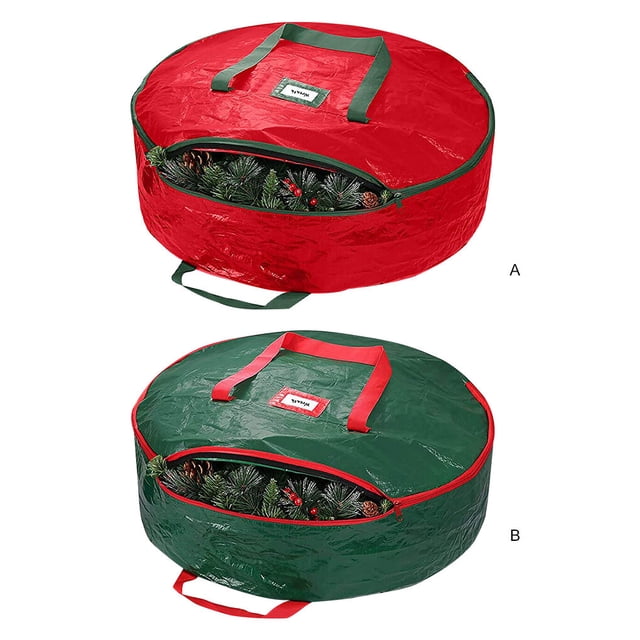Sac de Couronnes de Noël Double Guirlandes Artificielles Conteneurs Housse Imperméable Conteneur de Rangement Poignée Décorative Jouets de Saison Maison Rouge