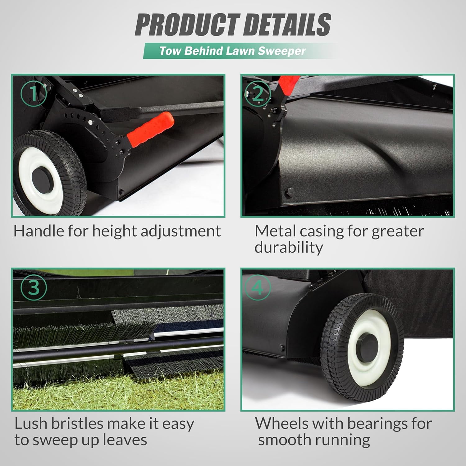 Suchtale 42-inch Tow Lawn Sweeper for Leaves & Grass Upgrade, 21cu. Ft. Leaf Collector with Large Capacity, Adjustable Sweeping Height for Yard, Lawn, Farm, Sidewalk,Yard Sweeper
