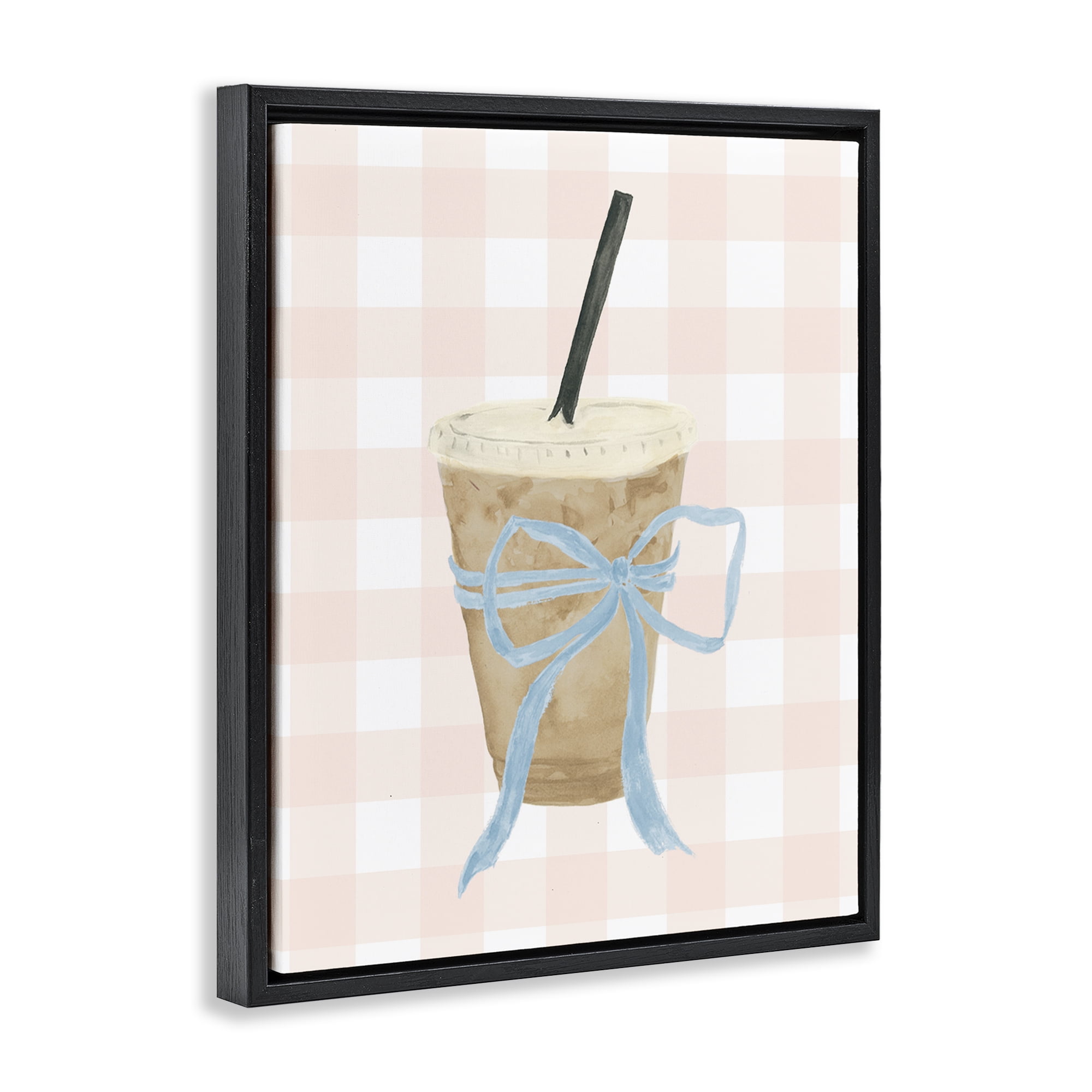 Stupell Industries Iced Coffee on Gingham Black Framed Floater Canvas Wall Art, design by Lucille Price