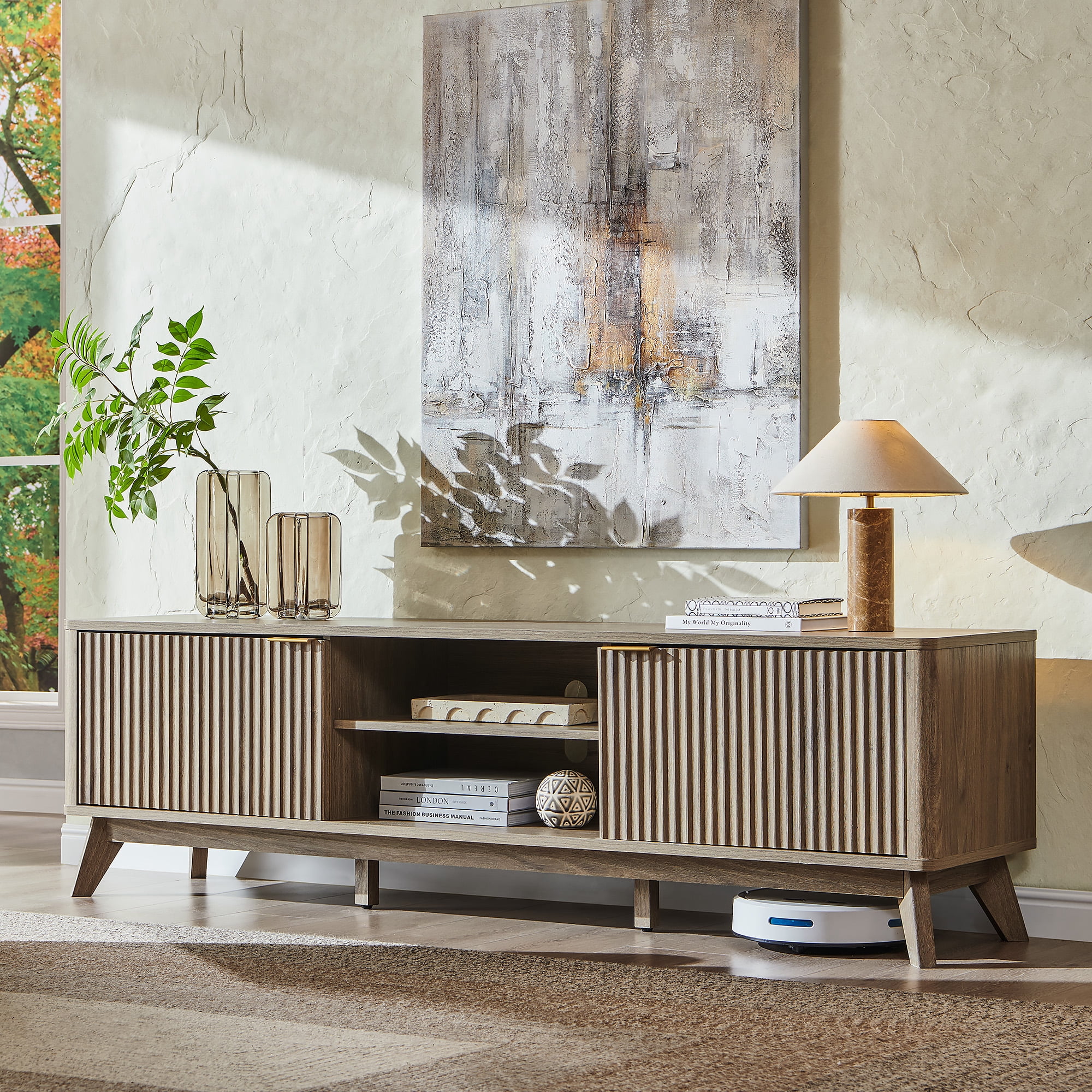 KeyWhat 70" TV Stand with 2 Soft Close Door, Modern Entertainment Center Console Table, Media Furniture for Living Room, Alder Grey