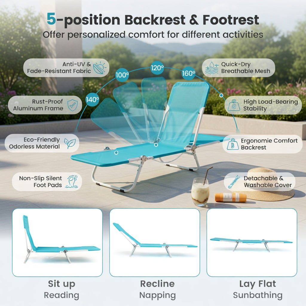 Hommoo 2-Pack Adjustable 5-Position Lay-Flat Beach Lounge Chairs with Carry Strap, Heavy-Duty 600D Oxford & Powder-Coated Metal Frame, Turquoise