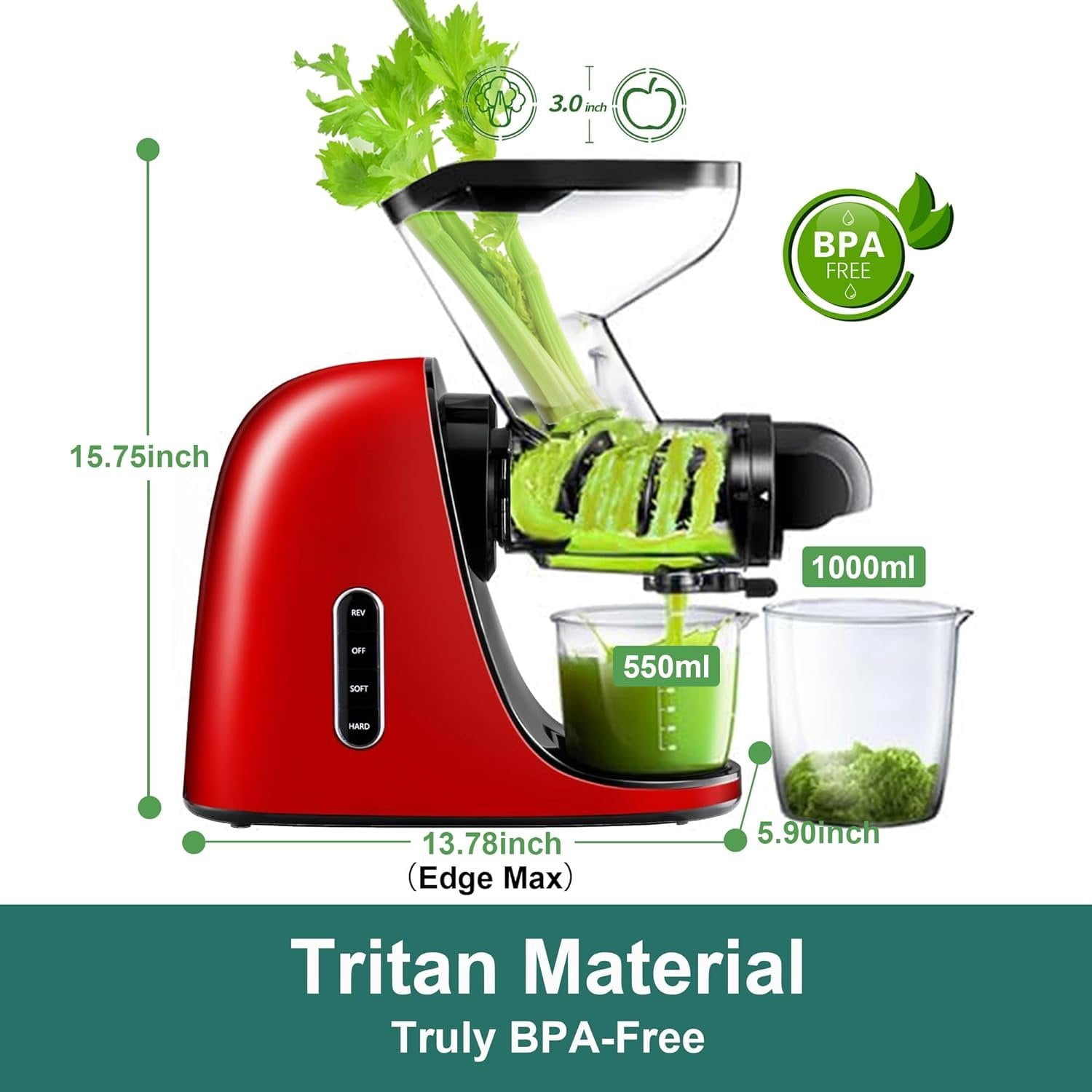 Cold Press Juicer,Masticating Slow Juicer, 3'' Large Feeding Chute fit Whole Fruits and Vegetable,High Juice Yield,, Easy to Clean, Red Juicer, Ideal  for Family Member and