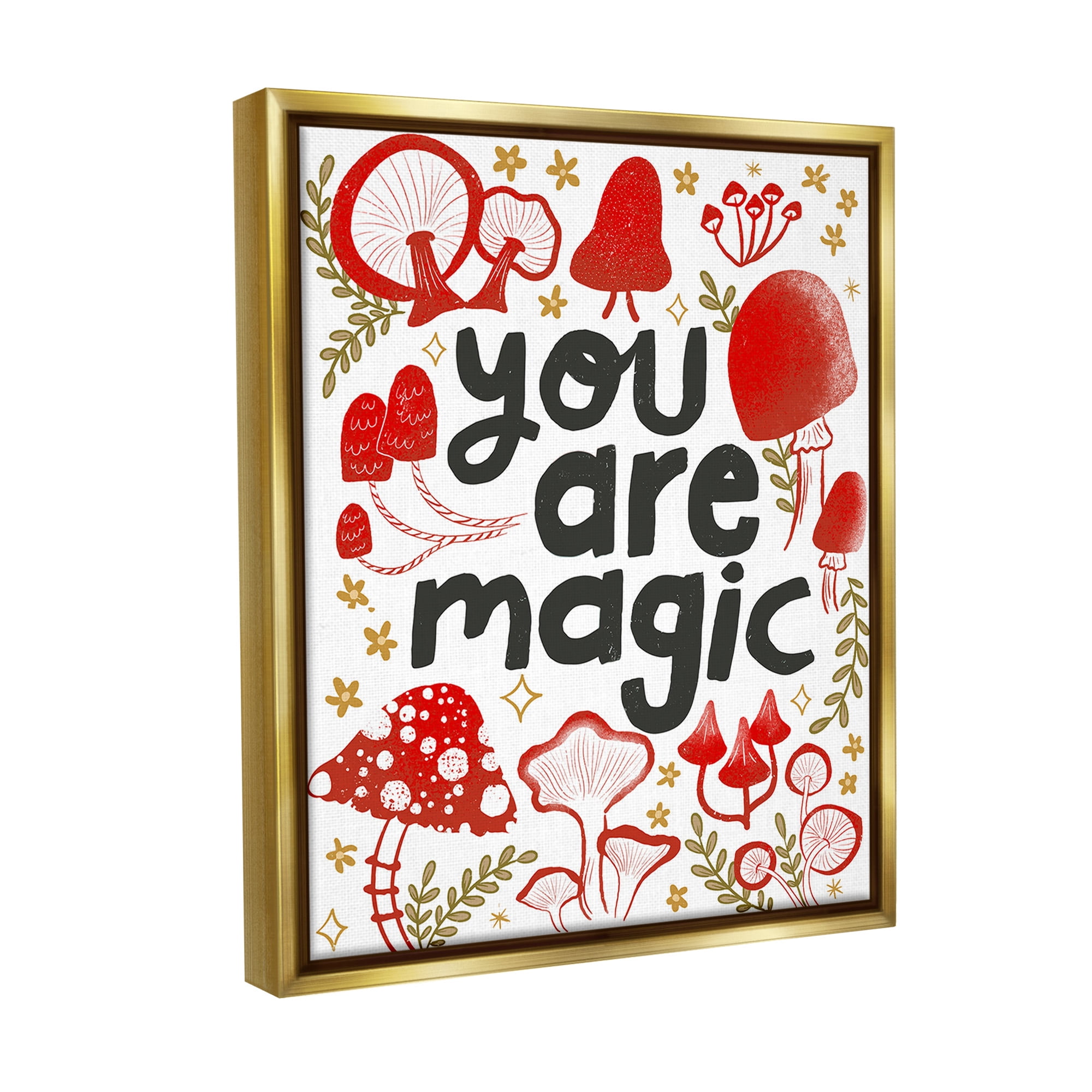 Stupell Industries Magic Phrase with Mushrooms Botanical & Floral Painting Gold Floater Framed Canvas Art Print Wall Art, 17 x 21