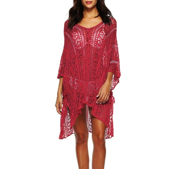 Women Knit Beach Cover up Women Hollow Out Bathing Suit Bikini Swimsuit Swimwear Crochet Dress V Neck Tassel Loose Beach Tops