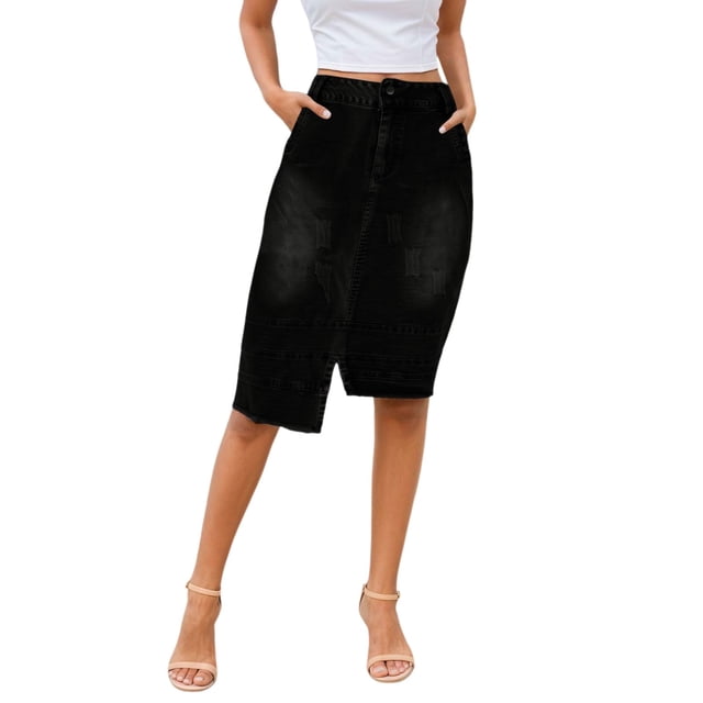 Falda lápiz elástica de denim para mujer: cintura alta, largo hasta la rodilla, ajuste ceñido, ropa informal/de fiesta, moda primavera/verano