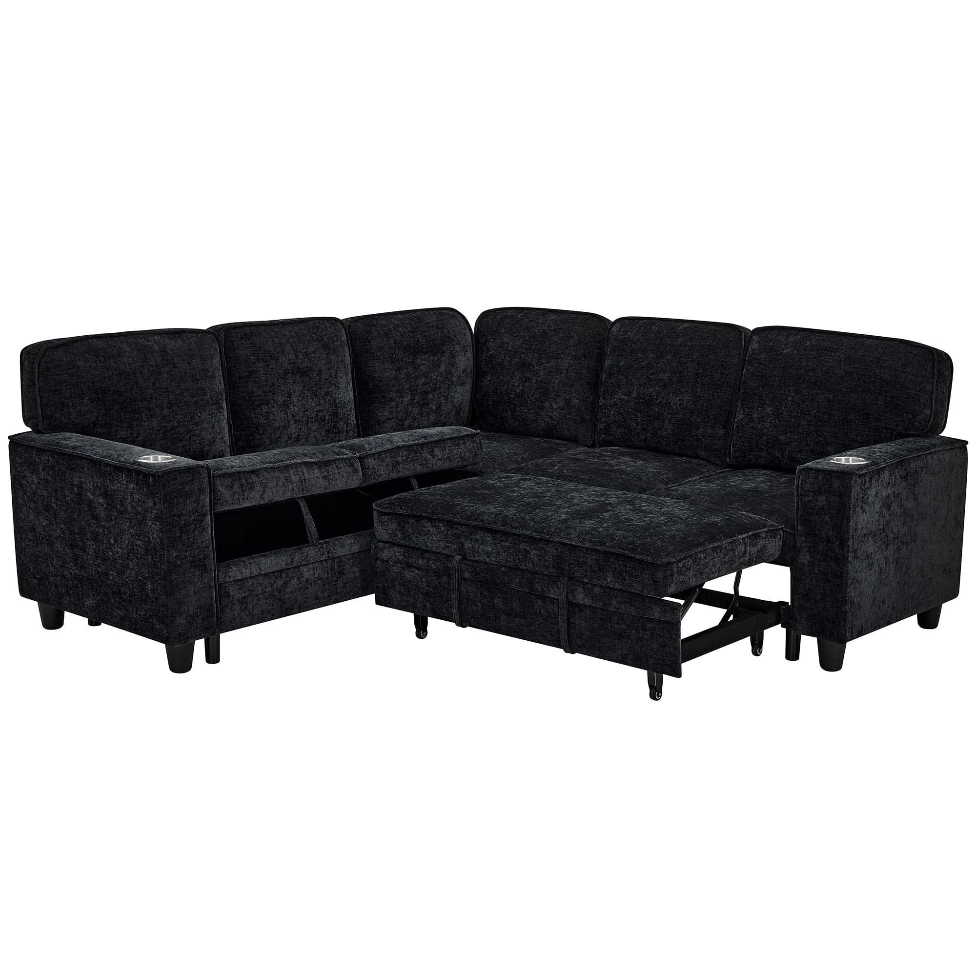 5-Seat L-Shaped Sectional Sofa with Pull-Out Bed, Reversible Chaise with Storage, Sleeper Sofa Couch Bed with USB & Type-C Charging Ports, Chenille Fabric Couch for Living Room, Apartment