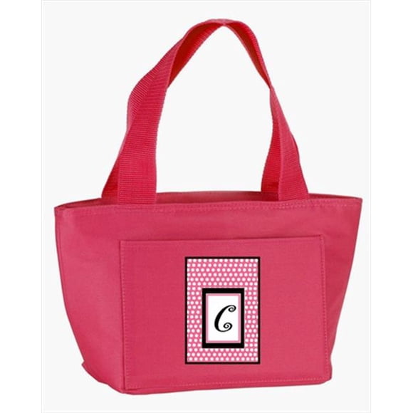 Monogram Letter C - Pink Black Polka Dots Lunch Bag or Doggie Bag