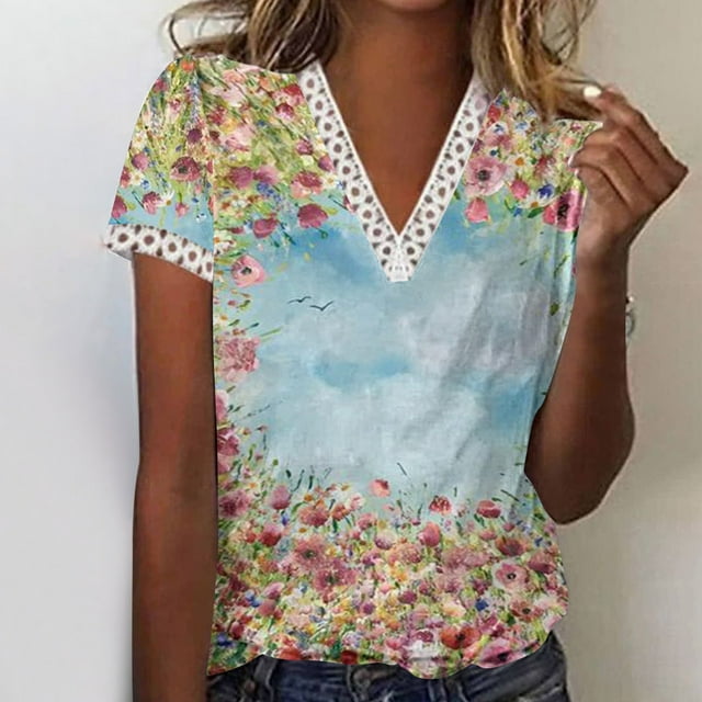 Hauts d'Été pour Femmes 2023 Mode Oversize Col en V Patchwork en Dentelle Manches Courtes Blouse Décontractée Chemises Col en V en Dentelle pour Femmes