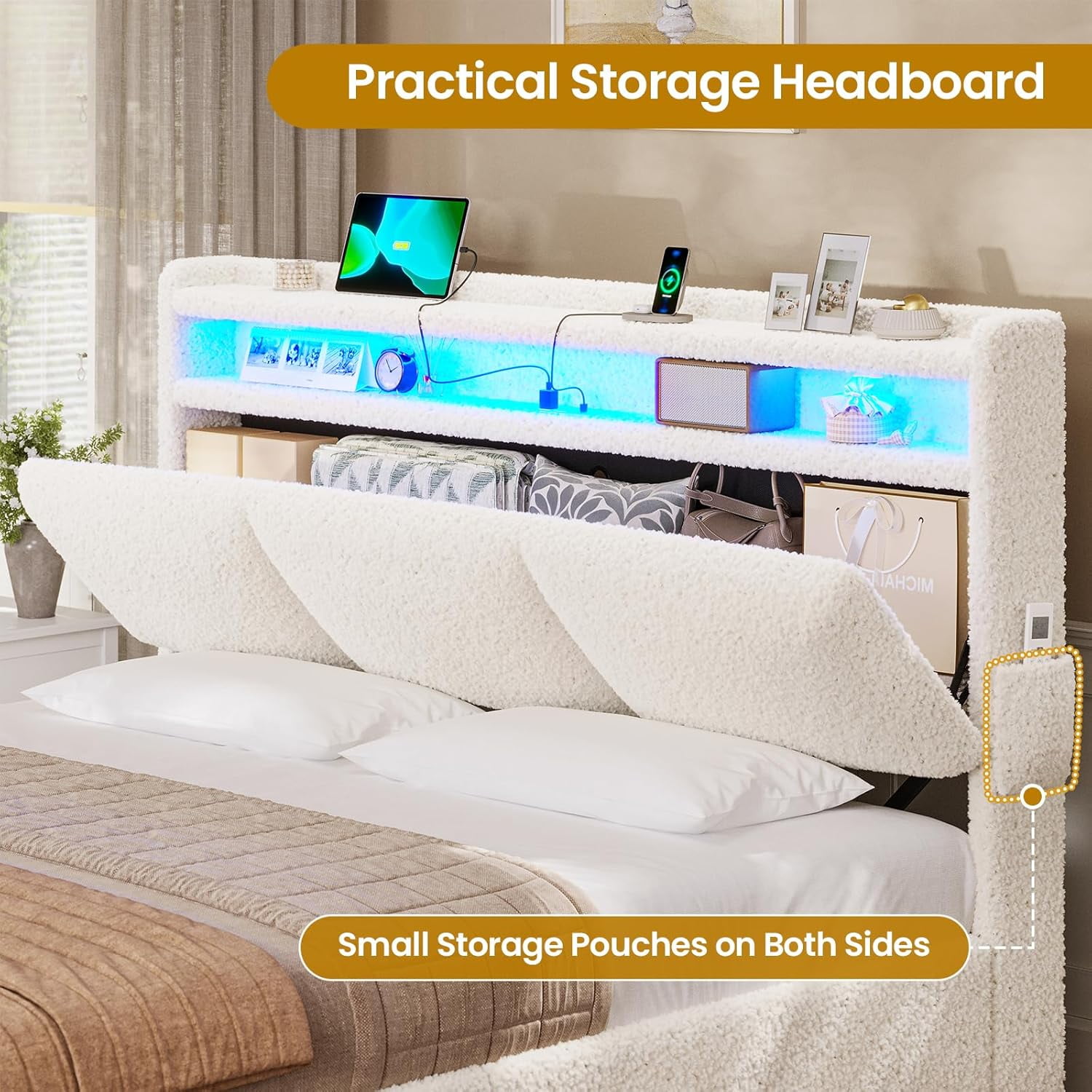AOGLLATI Boucle Bed Frame Queen Size with Storage Headboard, Charging Station and LED Lights, Upholstered Queen Cloud Bed Frame with 4 Drawers, Soft Marshmallow Bed Frame, No Box Spring Needed, Cream