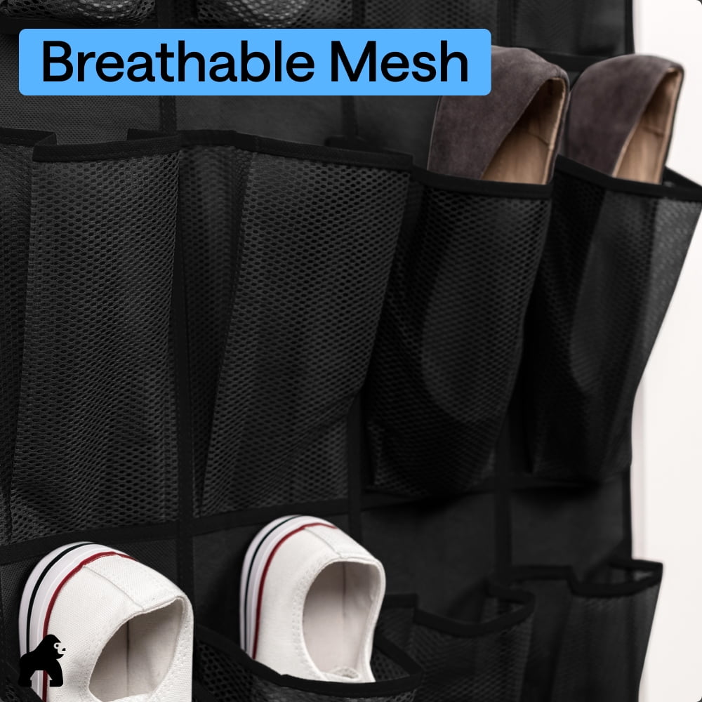 GORILLA GRIP 24 Pocket Over the Door Shoe Organizer, 2 Pack, Mesh Pockets, Up to 40 Pounds, Hang on Doors, Black