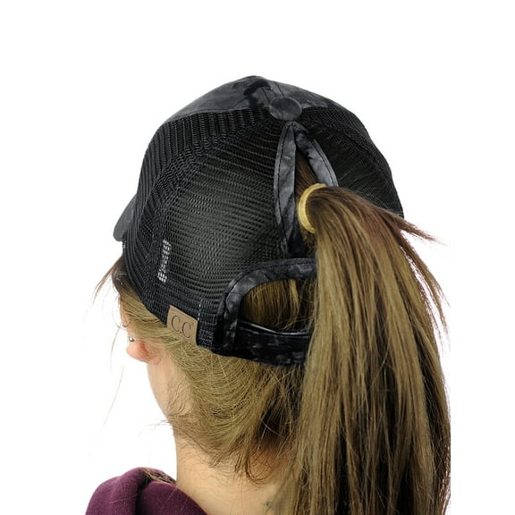 C.C Ponycaps Messy High Bun Ponytail Adjustable Tie Dye Mesh Baseball Cap Hat, Black
