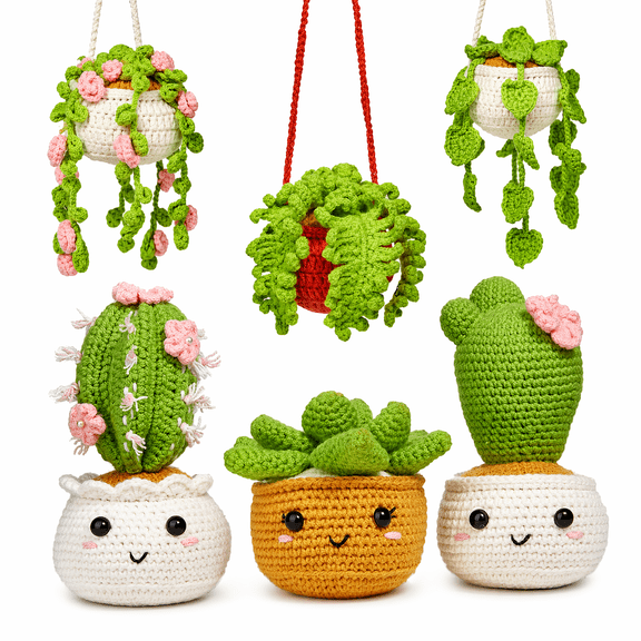 Crochet Kit for Beginners, 6-Pack Amigurumi Craft Knitting Set for Adults, Includes Video Tutorials & Extra Yarn, Hanging Potted Plants
