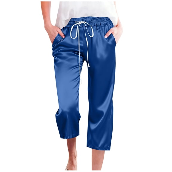 Satin Capri Pants Women Summer Lightweight Soft Silky Capris with Pockets Elastic Waist Drawstring Sweatpant (XL, Blue)