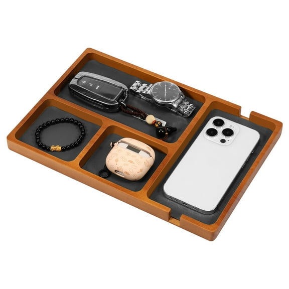 Wooden Valet Tray with PU Leather Lay Wood Storage Organizer Tray with 4 Compartment Desktop Storage Organizer for Phone Earbud Key Jewelry