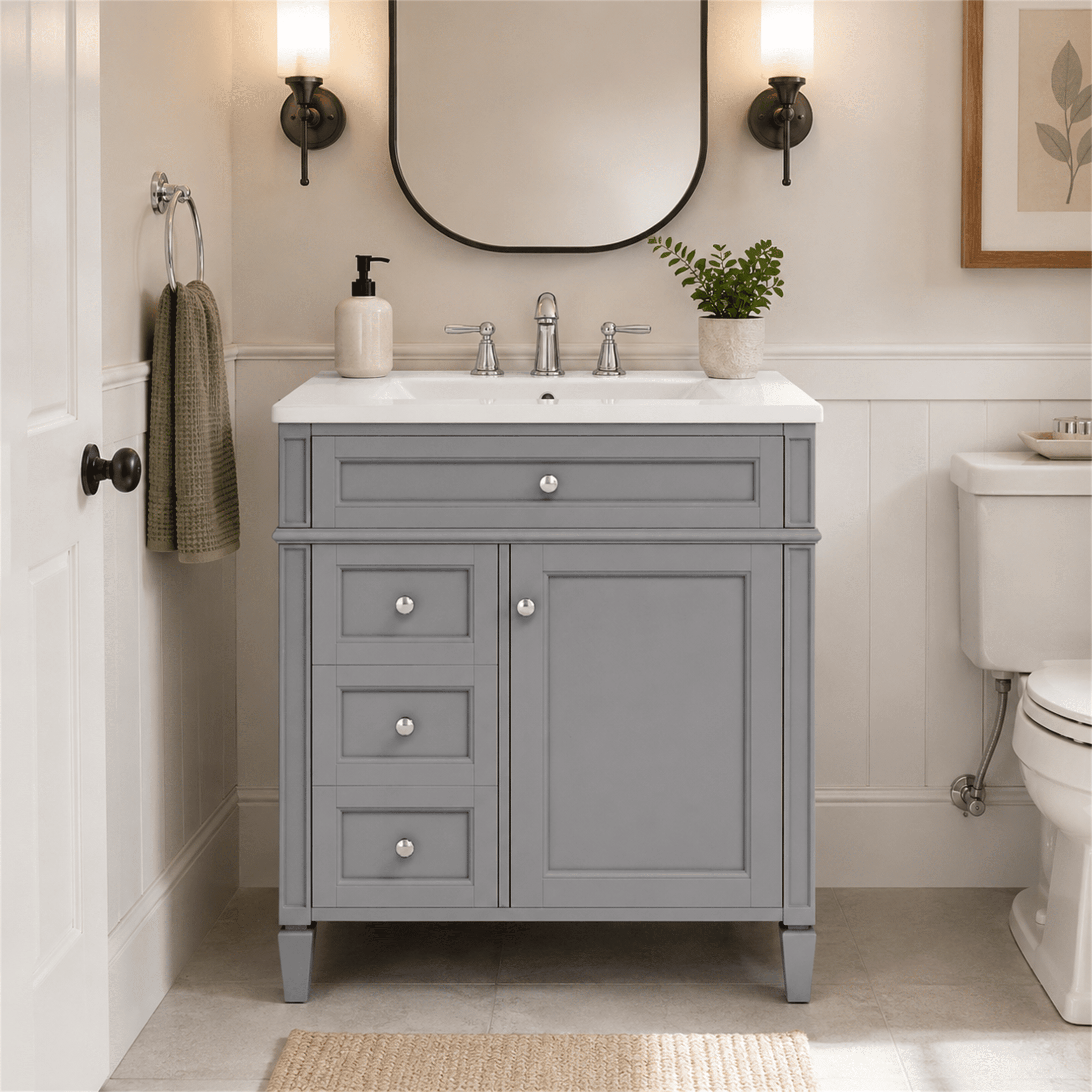 Homy Casa 30" Freestanding Bathroom Vanity with Ceramic Sink and Storage Drawers Gray