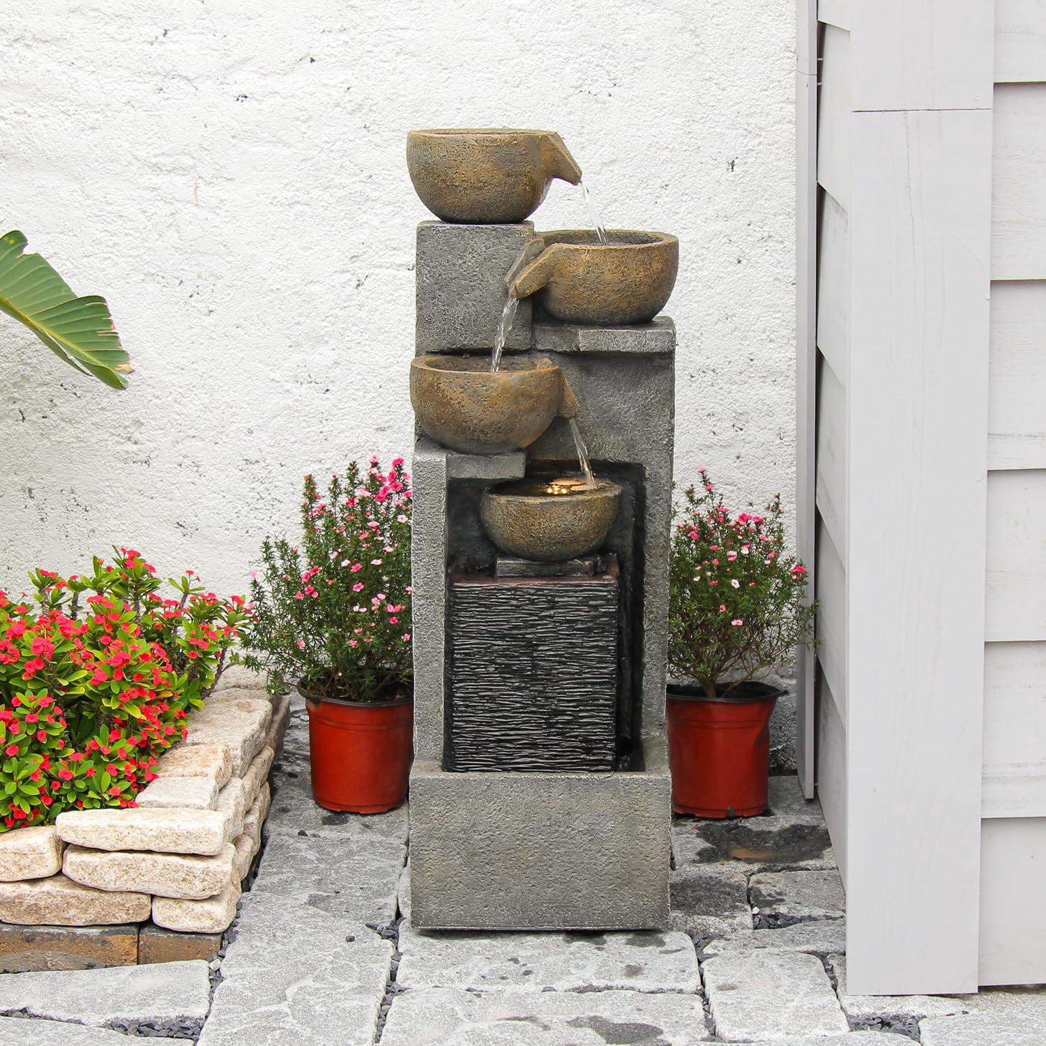 5-Tier Water Fountain Outdoor Garden Waterfall Fountains Indoor Bowl Cascading Water Feature with Led Lights for Home Deck Patio Porch Yard Decor 37.4" H