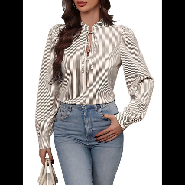 Camisas A Rayas con Botones para Mujer, Blusas Clásicas de Larga y Elegantes para Oficina y Trabajo. Caqui S