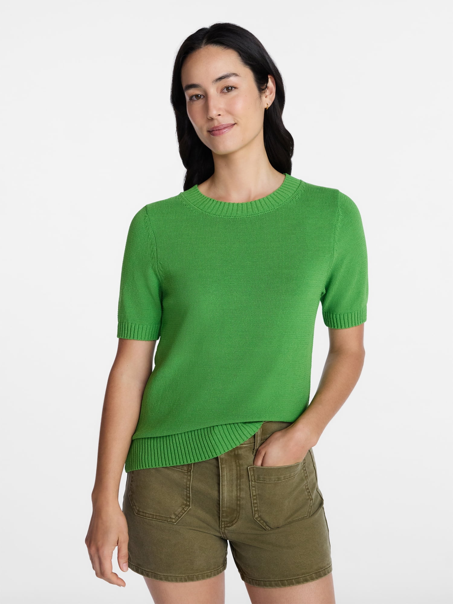 Time and Tru Women's Crewneck Sweater with Short Sleeves, Lightweight, Sizes XS-XXXL