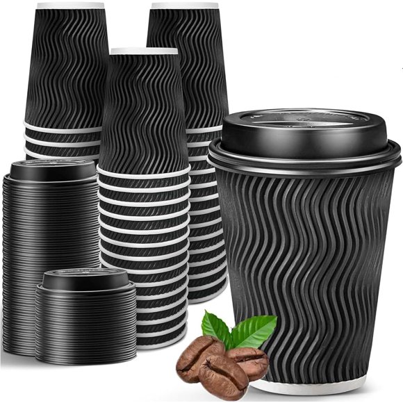 Oz Disposable Coffee Cups with Lids, Paper toGo Coffee Cups Suitable for Hot Chocolate, Cocoa and Hot Tea Drinks ()