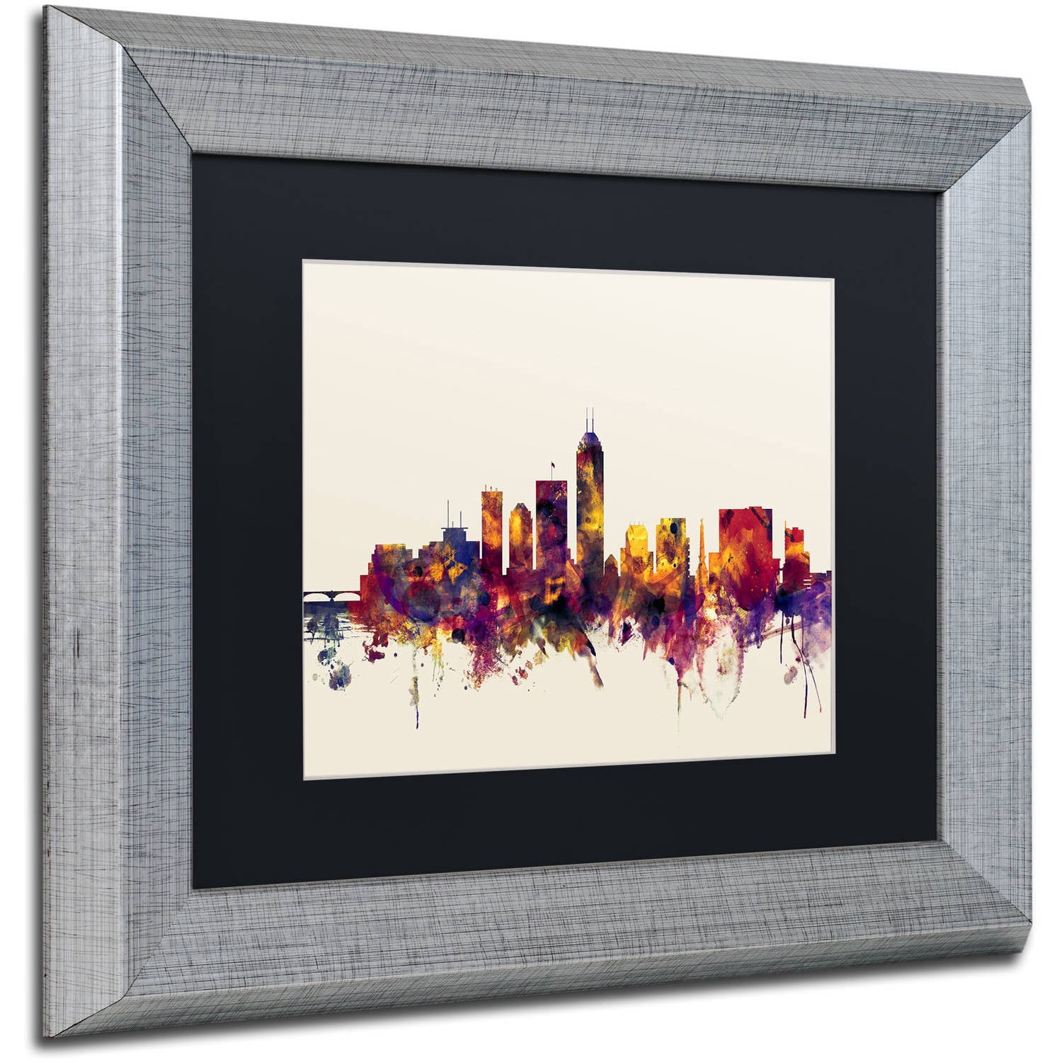Trademark Fine Art "Indianapolis Indiana Skyline" Canvas Art by Michael Tompsett, Black Matte, Silver Frame