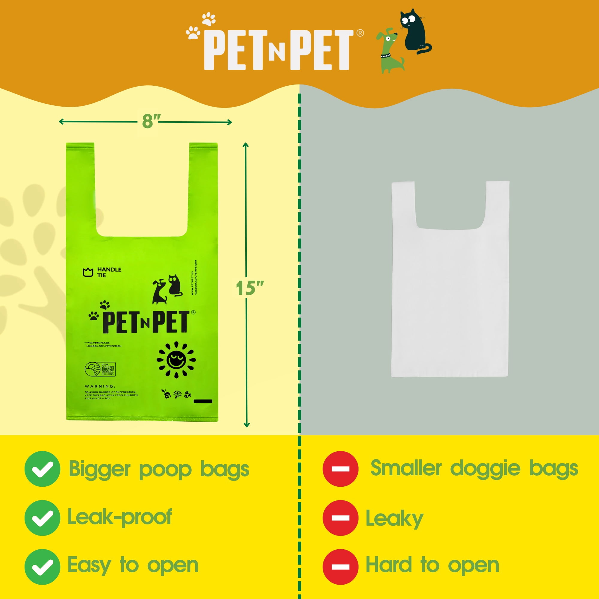 PET N PET Dog Poop Bags with Tie Handles, 200 Count, Unscented, USDA Certified 41% Plant-Based, Leak-Proof Dog Waste Bags, 8 x 15 Inches