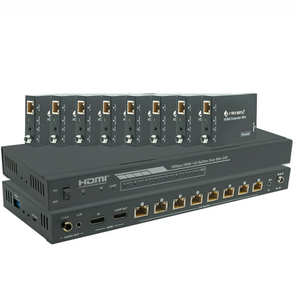 J-Tech Digital JTECH-18EX50 HDMI 2.0 4K 1x8 Splitter Extender w/ PoC