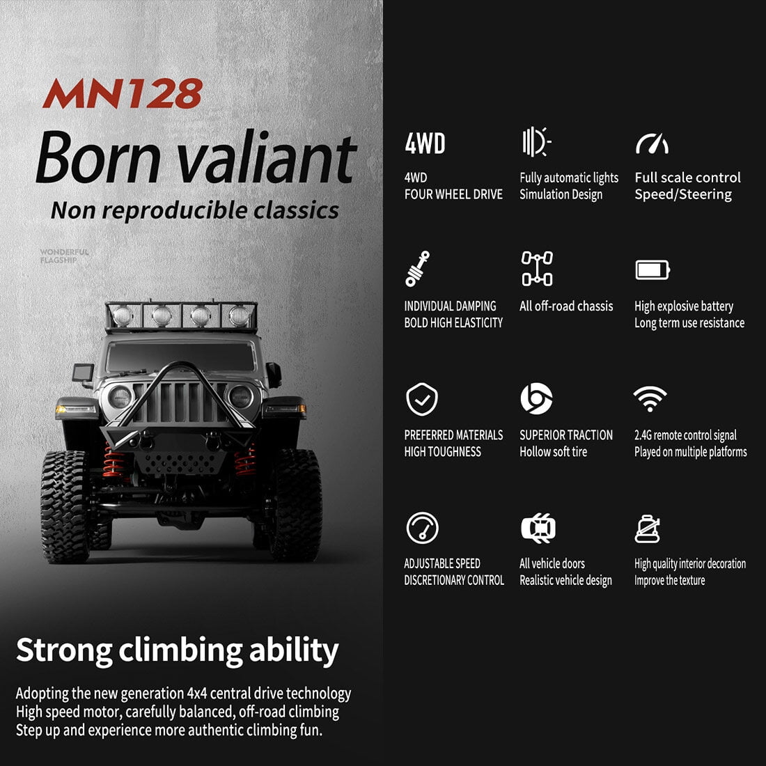 MN-128 1/12 Scale 4WD RC Rock Crawler, 2.4GHz Remote Control Off-Road Car Truck with LED Lights, All Terrain Hobby Grade Electric Vehicle for Teens and Adults
