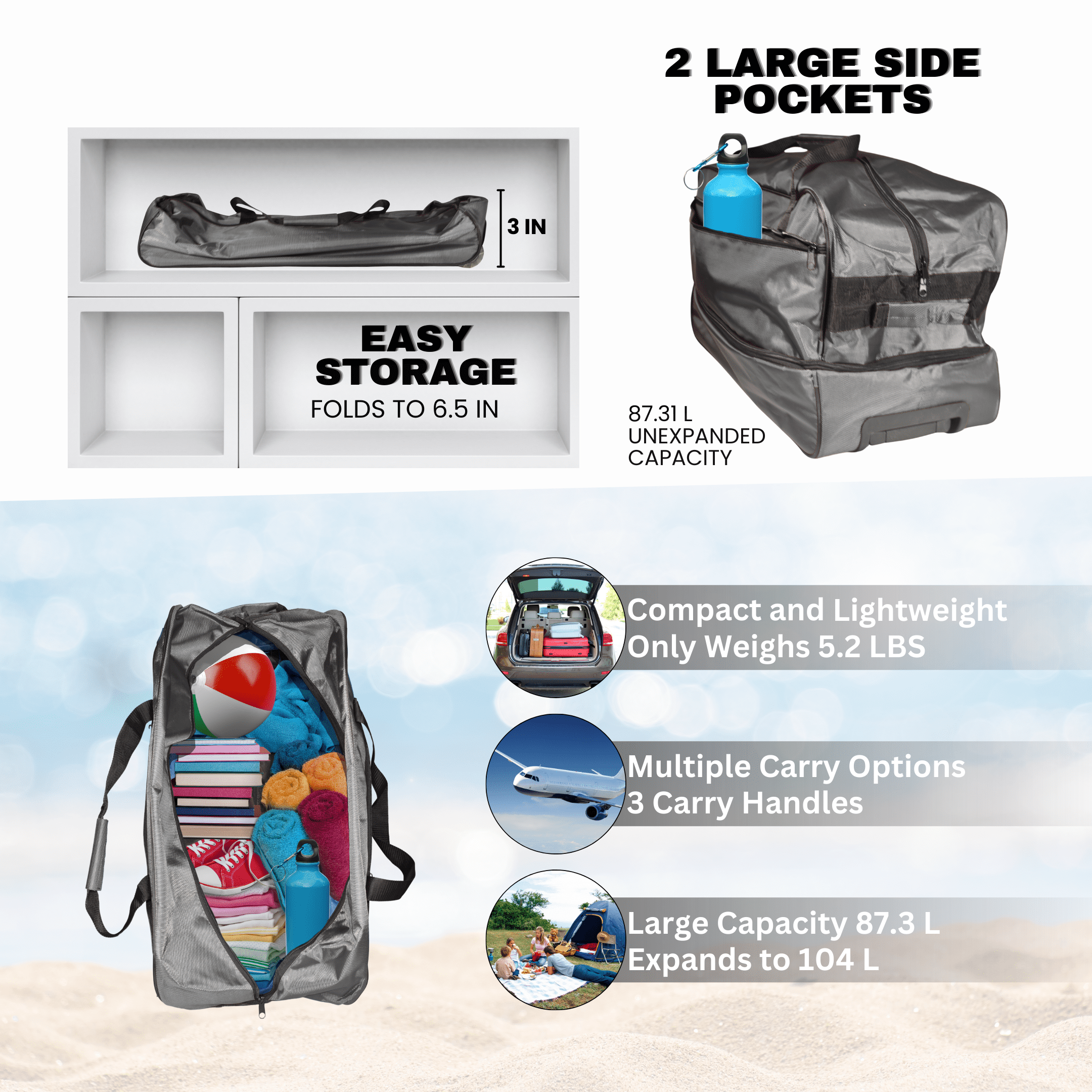 IronBar Rolling Duffle Bag Wheeled Rolling Expandable Suitcase Foldable 27.5 IN Gray