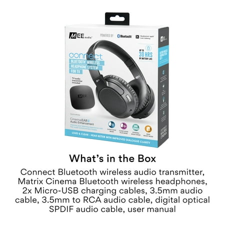 MEE audio - Connect T1CMA Wireless TV Headphone System with Over-the-Ear Headphones and Bluetooth Audio Transmitter - Black