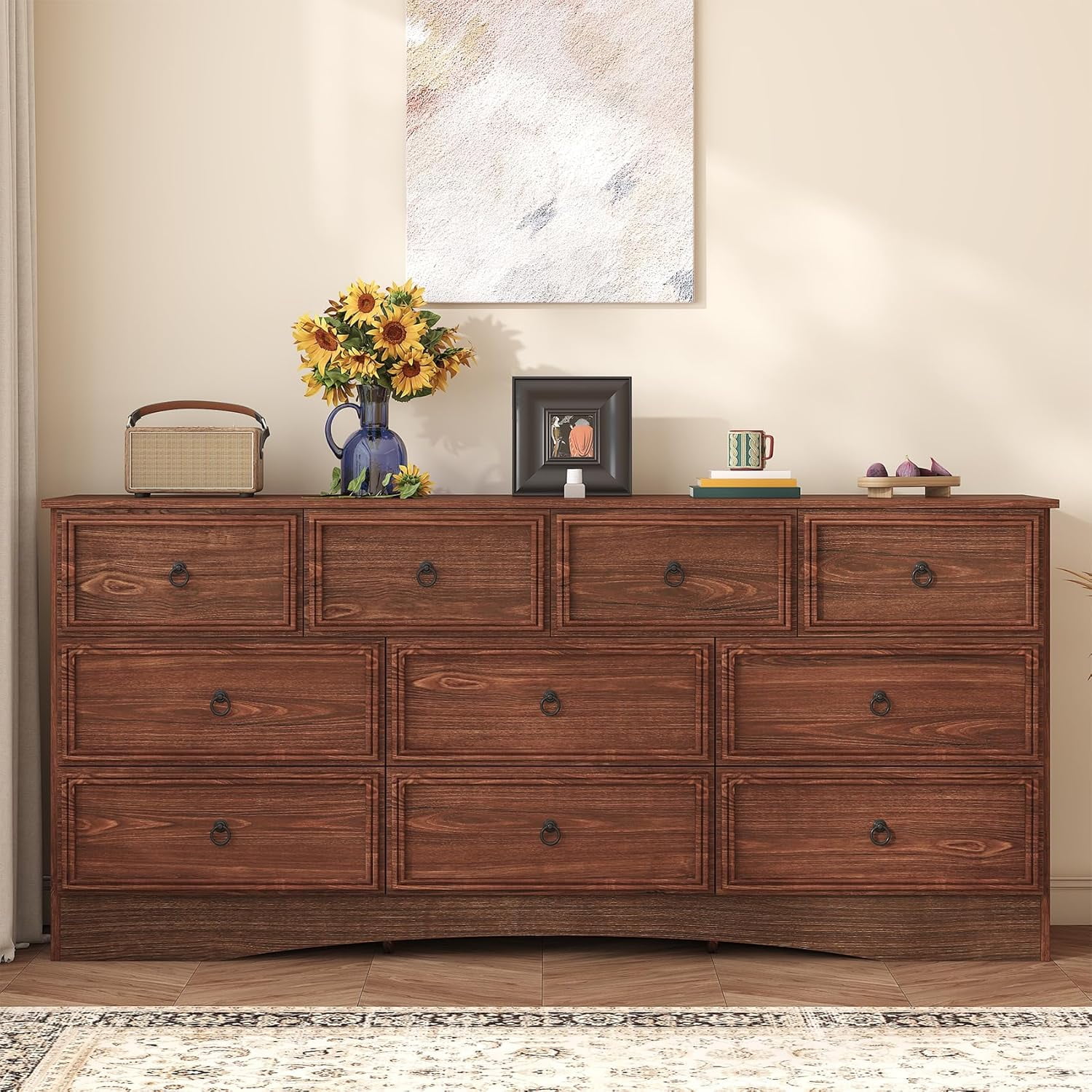 Meteorleg Farmhouse 10 Drawer Dresser for Bedroom – 63'' Long Dresser Wood Chest of Drawers,TV Stand for 75 inch TV, Storage Organizer Furniture, Hallway, Entryway, Closet, Cherry