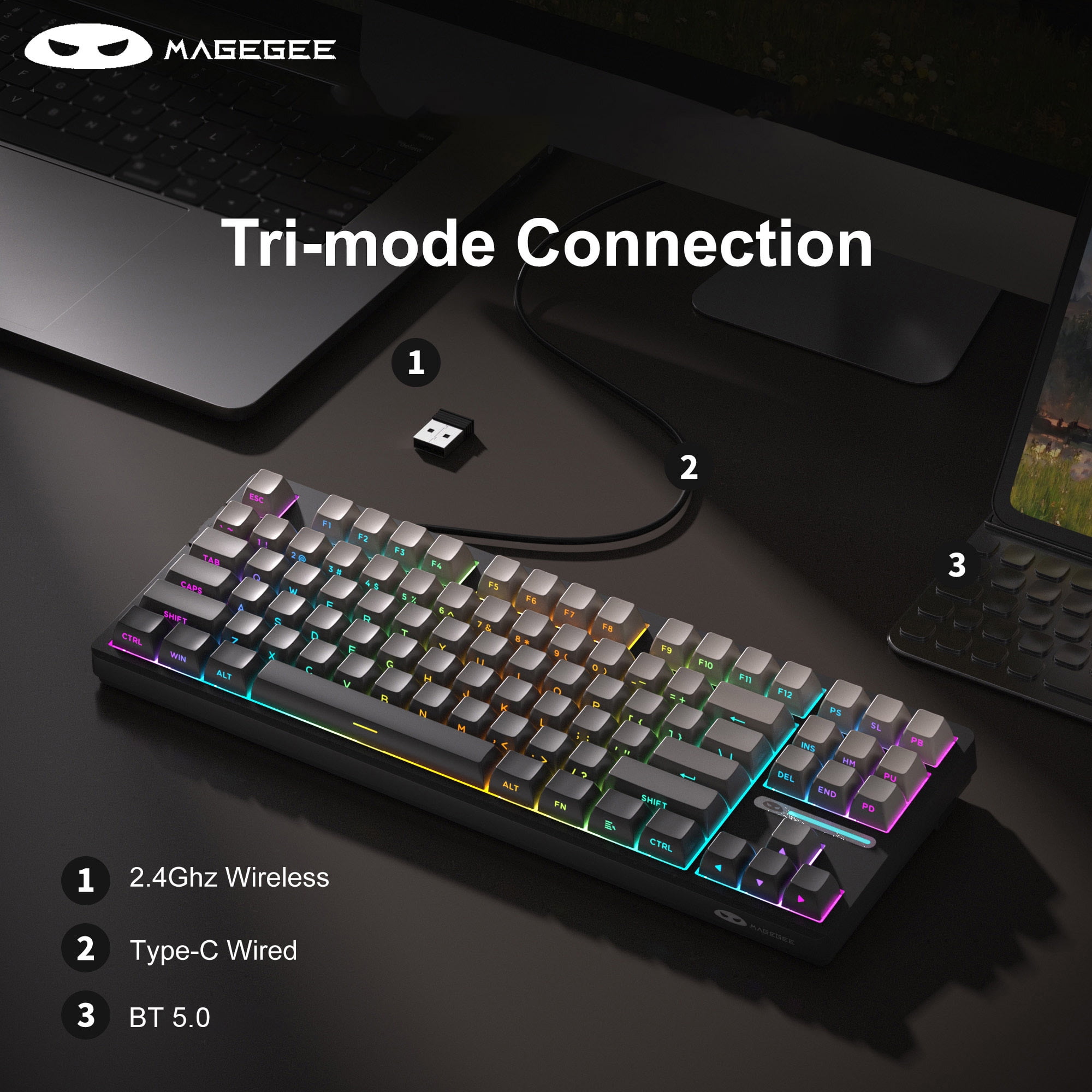 MageGee LIGHT87 Wireless Creamy Keyboard, Gasket Structure, RGB Backlit, 2.4G/USB-C/BT5.0 Hot Swappable Mechanical Gaming Keyboard for Win/Mac/PC, 8000mAh Battery, Side Printed PBT Keycaps, Black