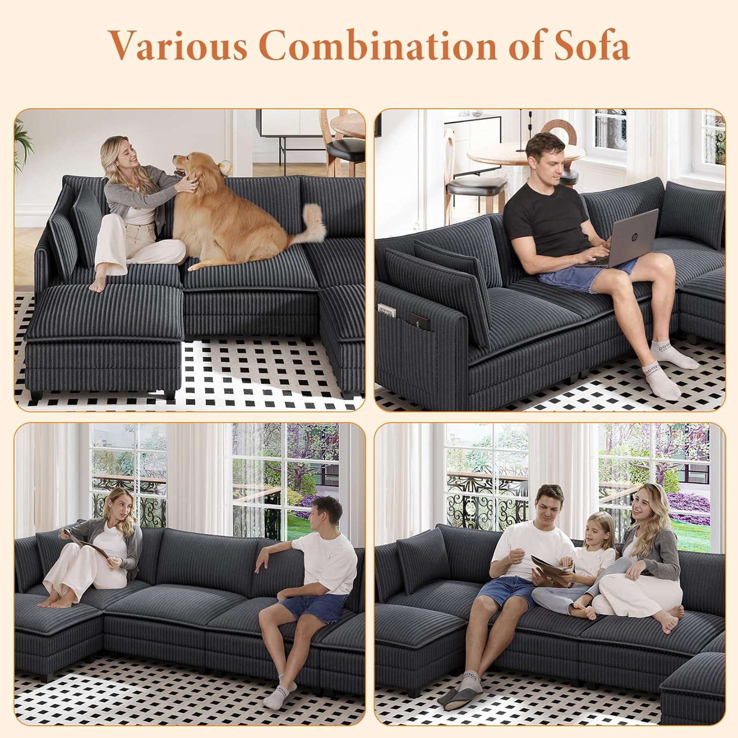 Neche 143" U Shaped Sectional Modular Couch, Comfy Corduroy Upholstered Modular Cloud Sofas for Living Room, Modern Sectional Sofa with 2 Ottoman Deep Seat, Dark Grey