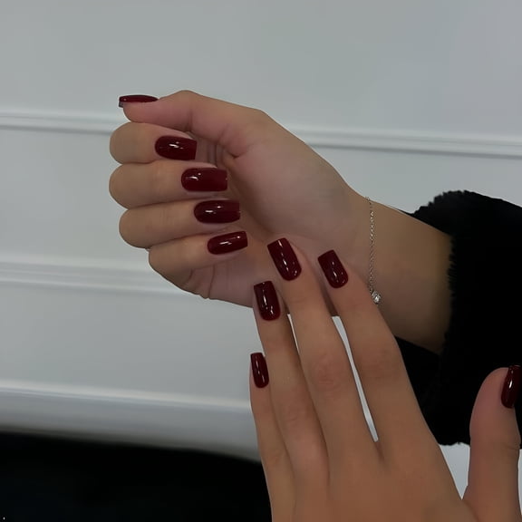 RAGUPEL Wine Red Press On Nails Short Medium Square, Thick Gel Fake Nails Medium, Glossy Pure Colored Acrylic Nails Glue on, Natural Short Coffin Stick on Nails Press ons Suitable For Women Girls