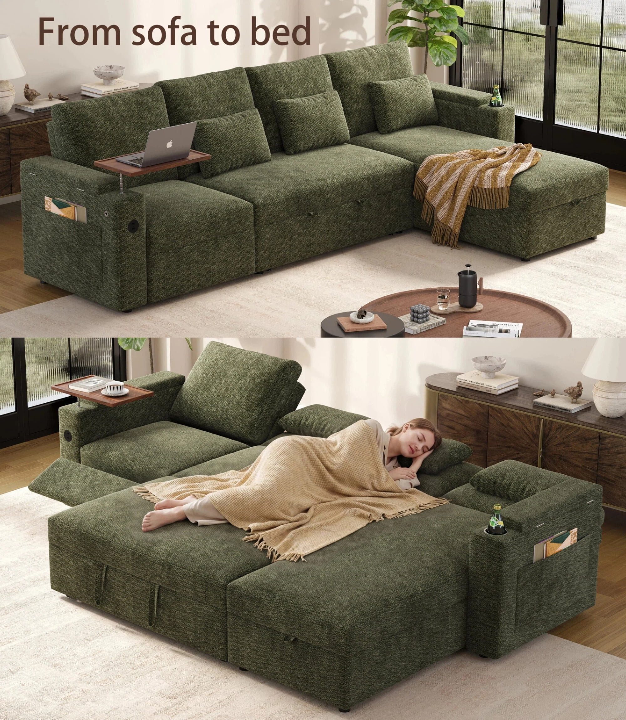 AISWORD 108" 3-in-1 Convertible Pull Out Sofa Bed, 6 Position Adjustable Sleeper Couch with USB Ports, Laptop Table, Cup Holders & Side Storage Pockets, Green