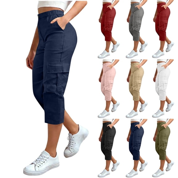 Capri Cargo Pants for Women Multi Pockets Summer Lightweight Cotton Hiking Casual Elastic High Waist Sweatpants (XL, Navy)