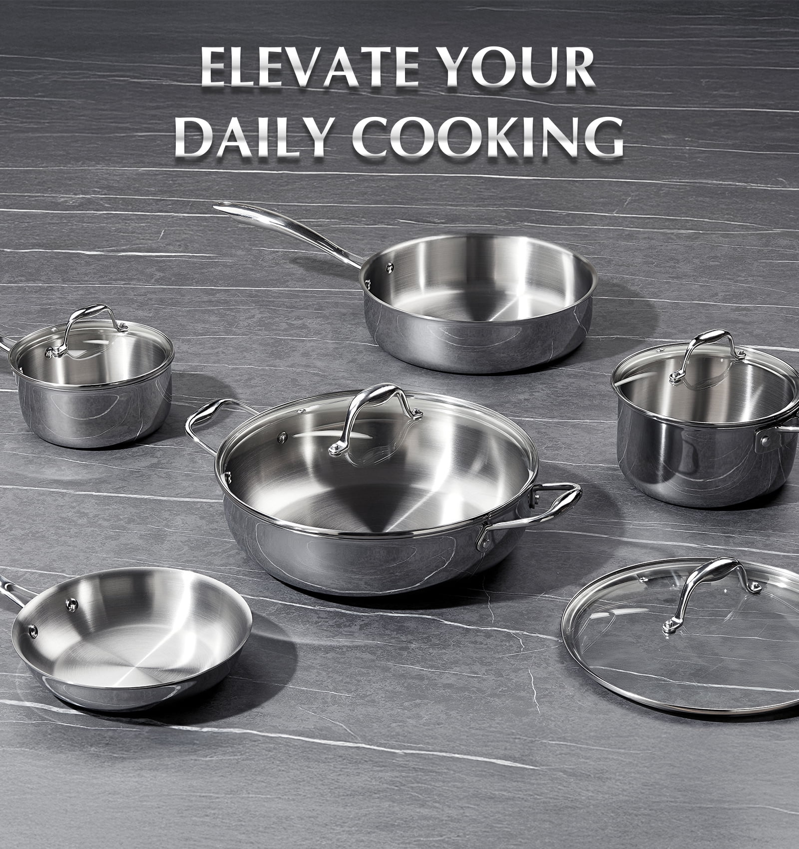 Koch Systeme CS Tri-Ply Stainless Steel Cookware Set, 10-Piece Pots and Pans Set with Glass Lids, Induction Compatible