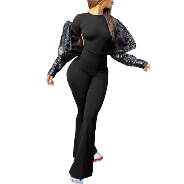 Gibobby Conjunto de yoga para mujer Monos deportivos de manga larga acanalados para mujer, monos con tirantes en la espalda hueca para Yoga a la moda(Negro,CH)