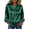 thumbnail image 2 of Zivyakyron Long Sleeve Womens Blouses Fall Casual Tie Neck Satin Plain Women Top Loose Elegant Green 2XL, 2 of 10