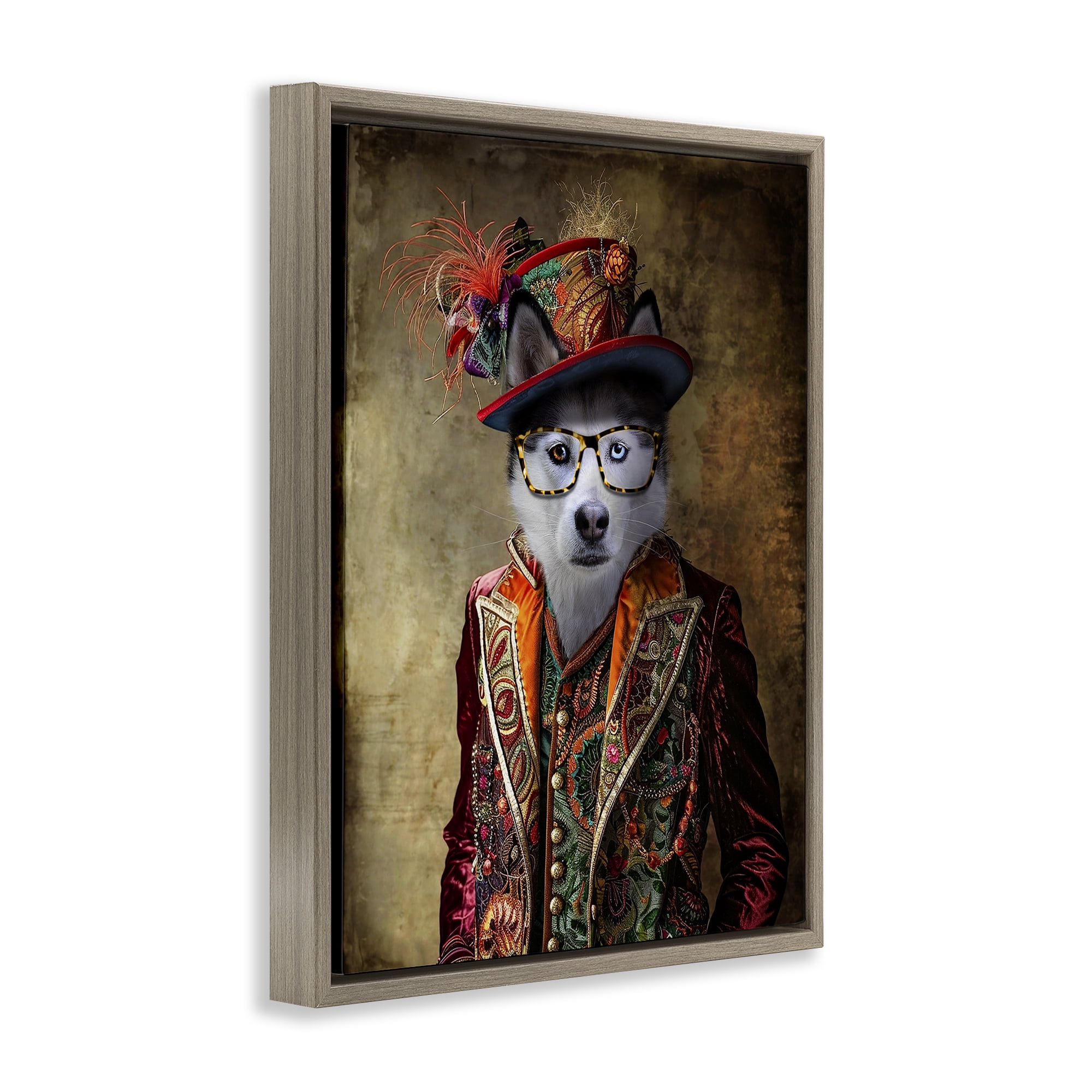 Stupell Industries Husky Dog Eclectic Suit Animals & Insects Painting Brown Floater Framed Canvas Art Print Wall Art, 17 x 21