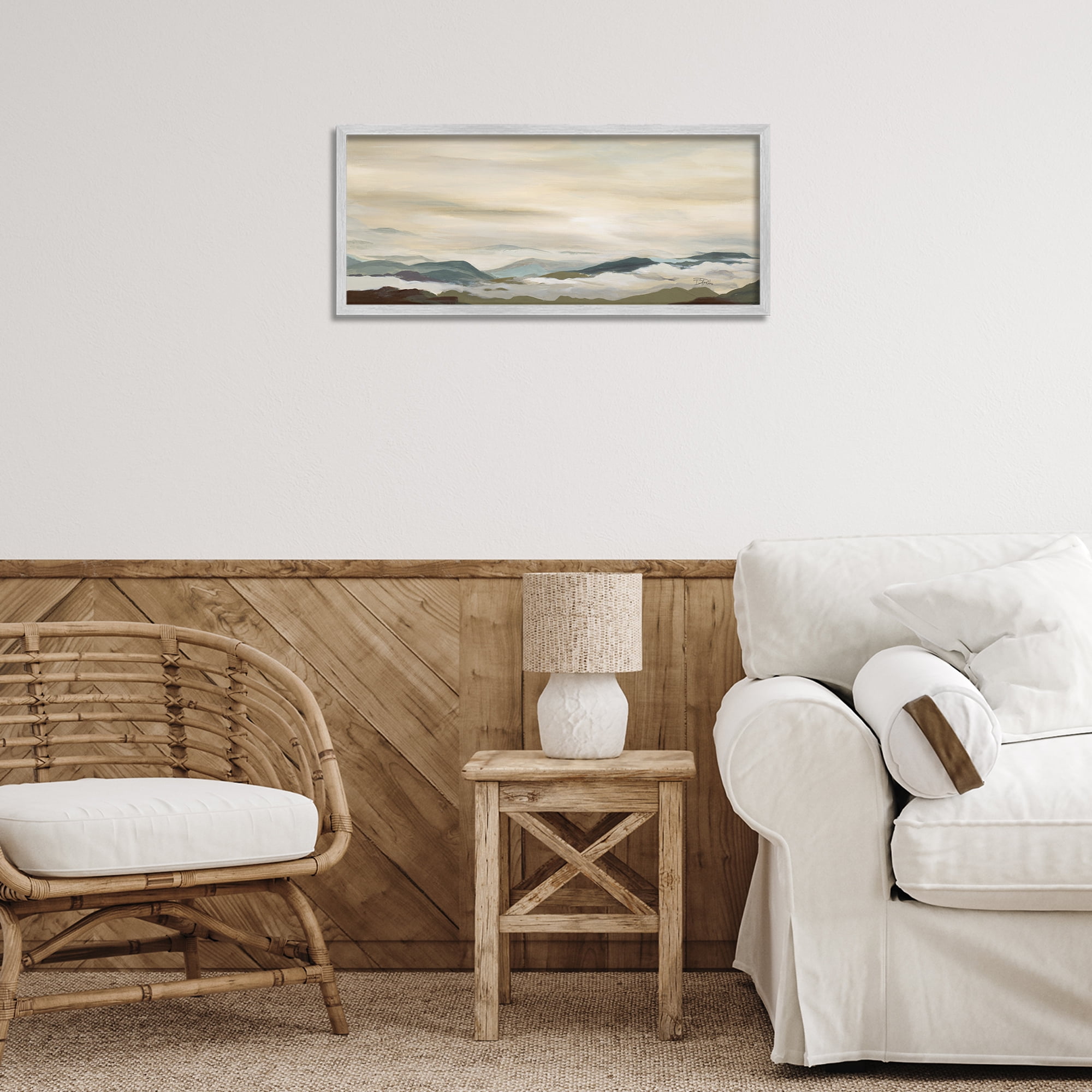 Stupell Industries Solemn Mountains Peeking Landscape Painting Gray Framed Art Print Wall Art, 24 x 10